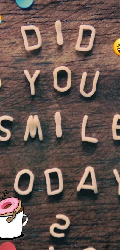 Colorful confetti and smile reminder on a wooden background.