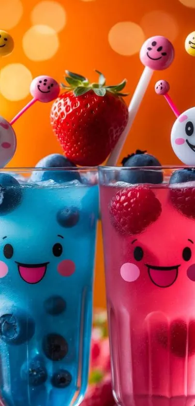 Colorful drinks with smiley faces and fruit toppings on cheerful wallpaper.
