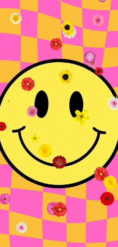 Smiley face with pink and yellow checkered background wallpaper.