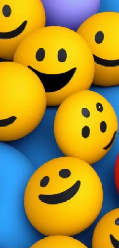 Vibrant wallpaper with yellow smiley faces on a blue background.