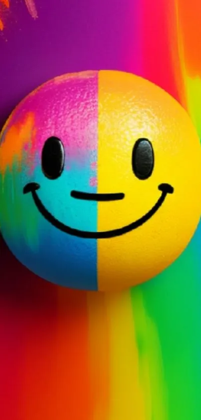 Colorful half-yellow smiley face wallpaper with rainbow background.