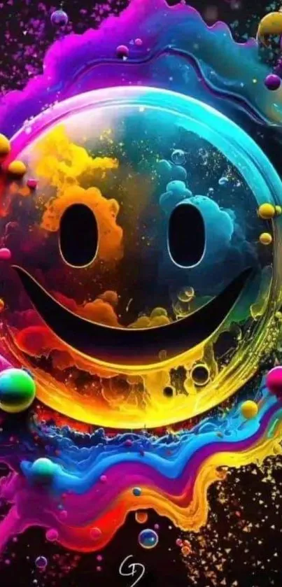 Psychedelic smiley face with vibrant rainbow colors and swirling design.