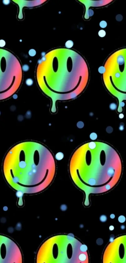 Colorful smiley faces on black backdrop.