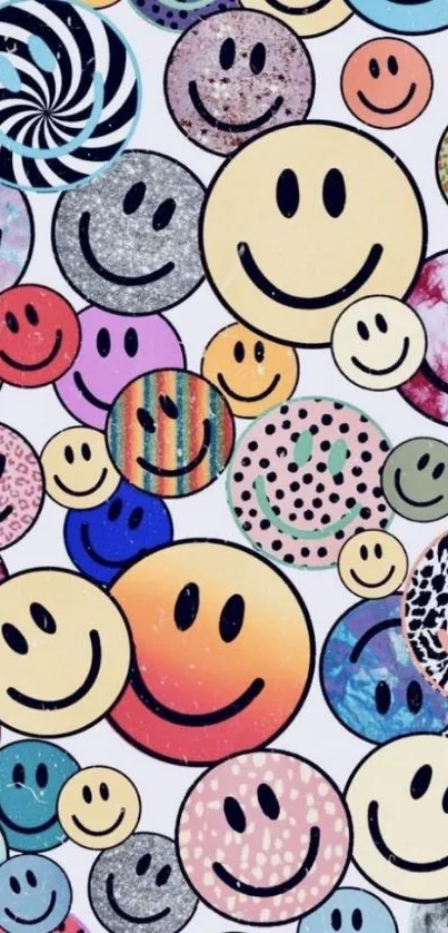 Assorted colorful patterned smiley faces wallpaper.