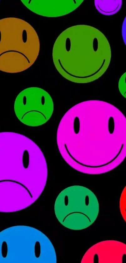 Colorful smiley faces on a black background.