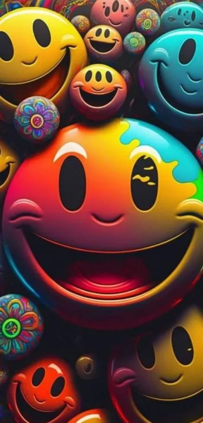 Colorful smiley faces mobile wallpaper with abstract patterns.