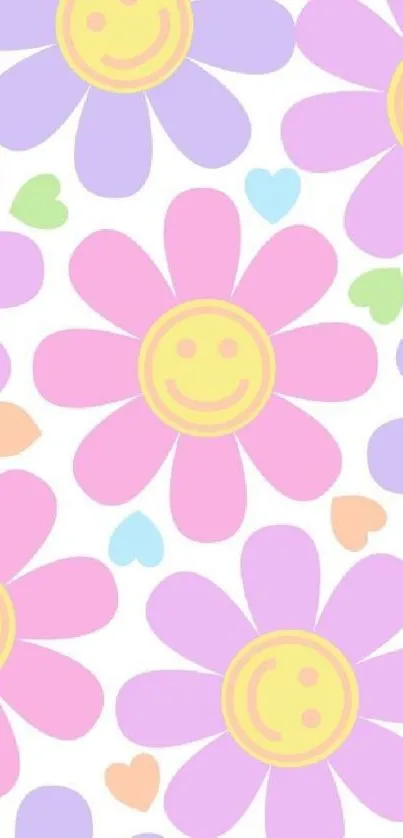 Mobile wallpaper with colorful smiley flowers and pastel hearts.