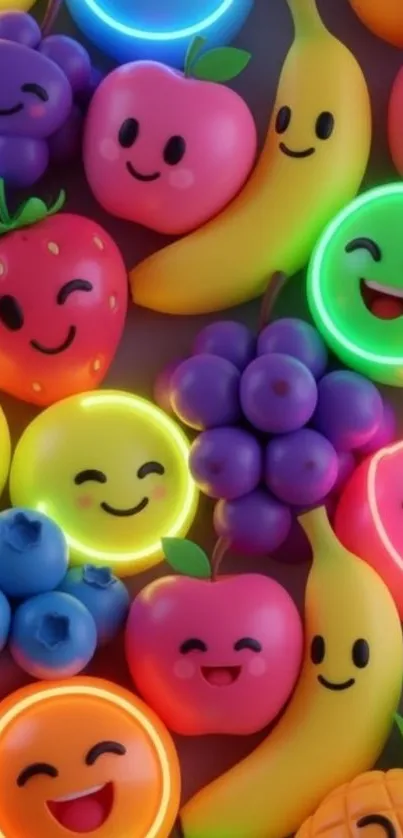Colorful fruits with smiley faces in neon colors, featuring apples and bananas.