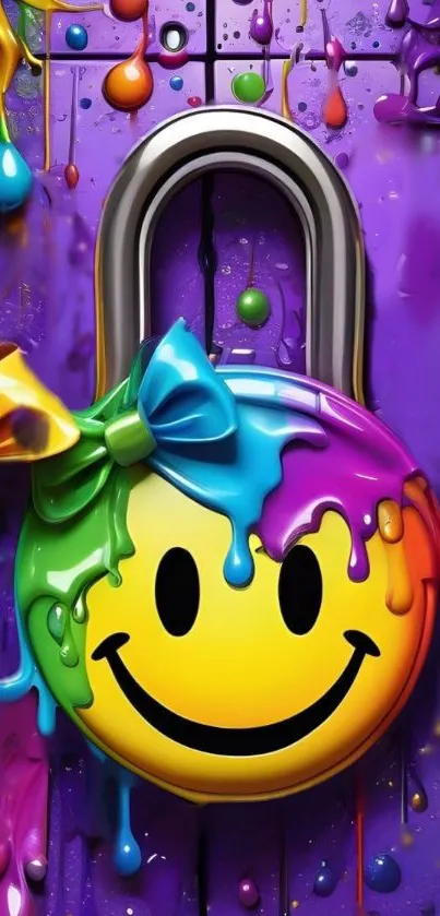 Colorful smiley face lock with rainbow splashes on purple background.