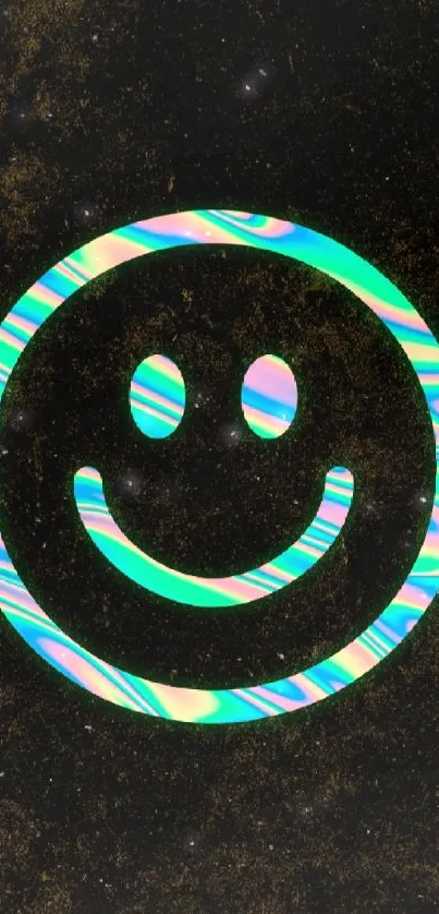 Holographic smiley face on dark wallpaper.