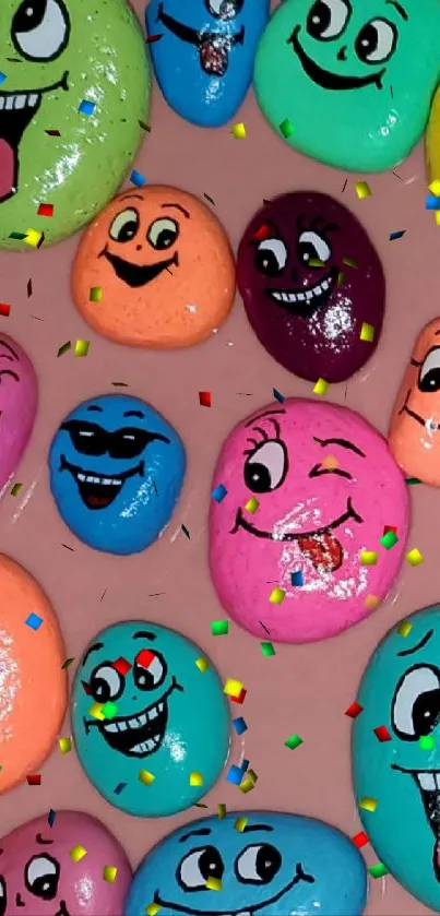 Colorful smiley faces painted on stones against a pink background.