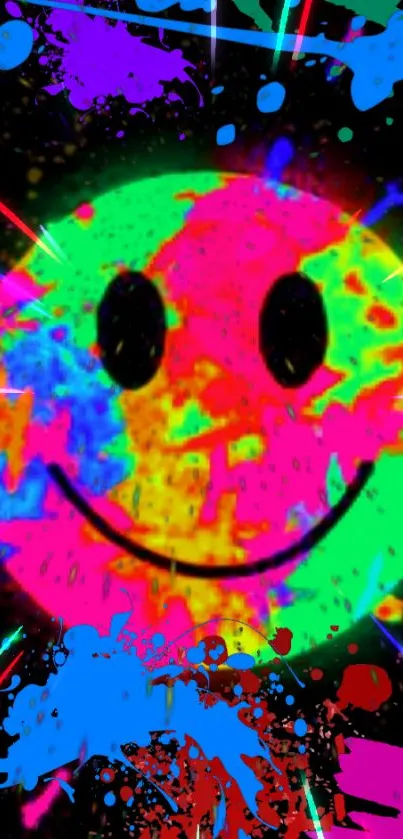 Colorful smiley face with splashes on a black background.