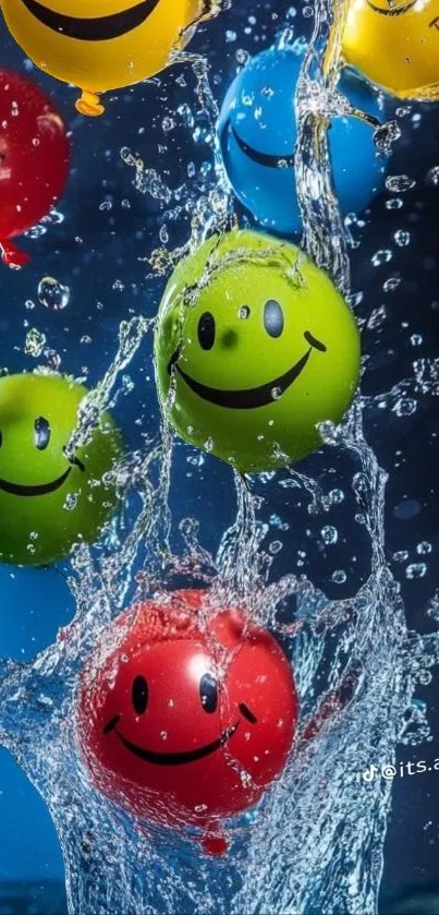 Colorful smiley balloons splashing in water.