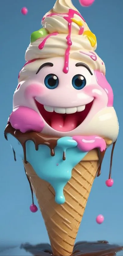 Cheerful cartoon ice cream cone with colorful toppings.