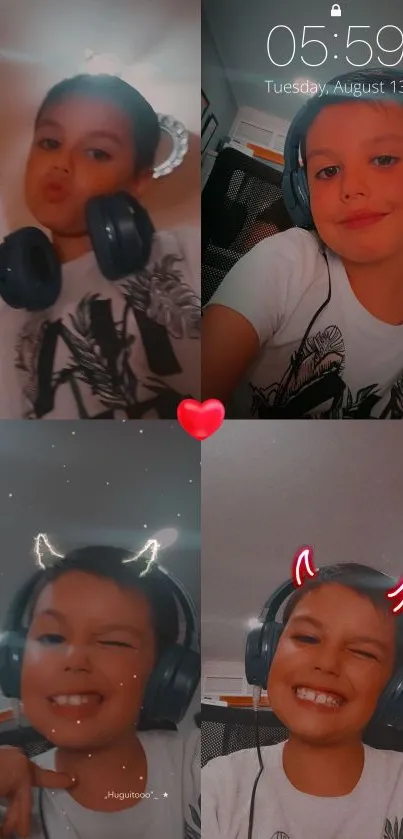 Collage of smiling kids with doodles and headphones.