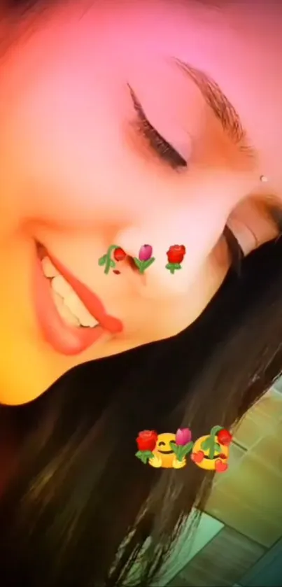 Smiling woman with floral emojis on her face in vibrant colors.