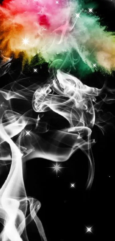 Abstract colorful smoke with black background and star-like effects.