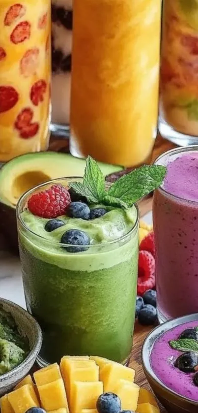 Assorted colorful smoothies with fruits and avocados on display.