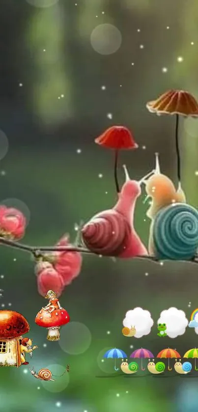 Colorful snails on branch with mushrooms in a whimsical setting.