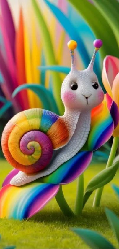 Whimsical rainbow snail in a colorful garden setting.