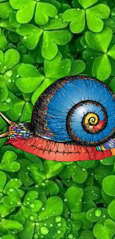 Colorful snail resting on green clovers, vibrant art wallpaper.