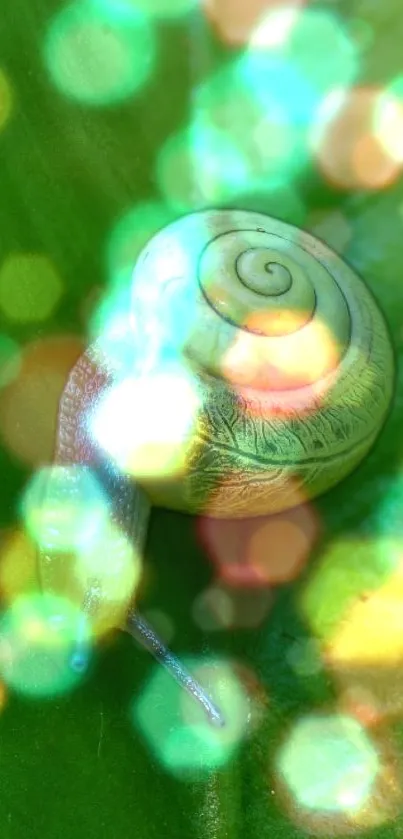 Snail with bokeh lights on a green leaf background.