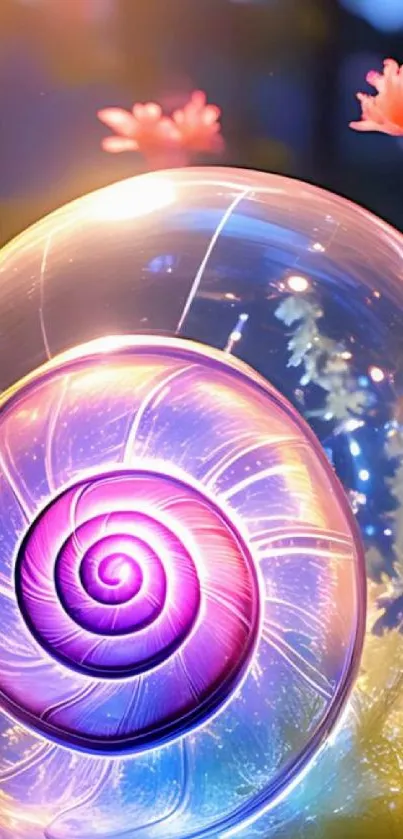 Vibrant purple snail shell in a magical, glowing nature scene.