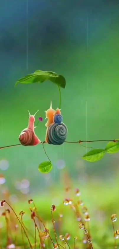 Two colorful snails on a green leafy branch with a blurred background.