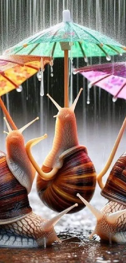 Snails sheltered under colorful umbrellas in the rain.