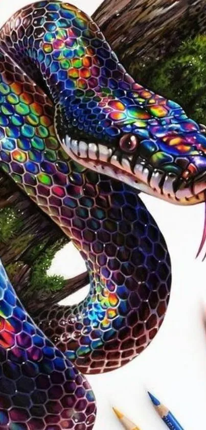 Vibrant colorful snake art with pencils.