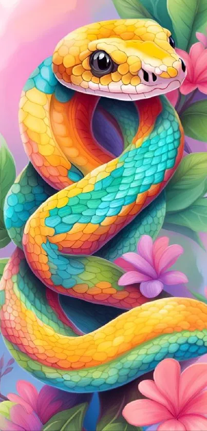 Vibrant multicolored snake with flowers on mobile wallpaper.