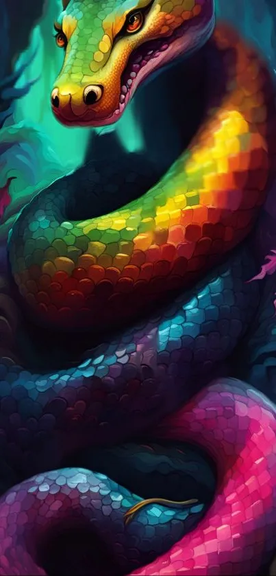 Colorful snake with vibrant rainbow scales in an artistic design.