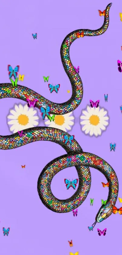 Colorful snake and butterfly wallpaper with flowers on a lavender backdrop.