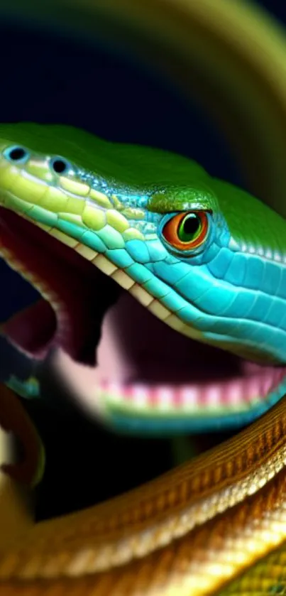 Close-up of a vibrant green and blue snake with an open mouth on a mobile wallpaper.