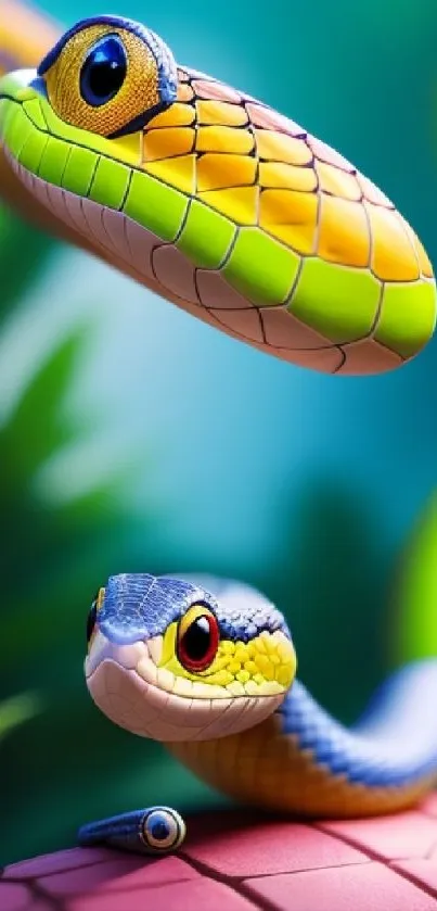 Colorful snake illustration with nature-inspired background.