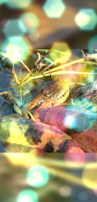 Vibrant snake with colorful bokeh lights in a natural setting.