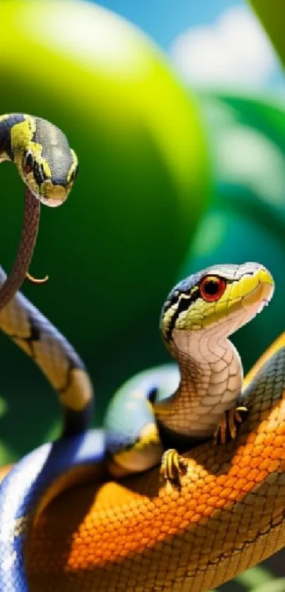 Vibrant wallpaper showing colorful snakes in a lush, green jungle setting.