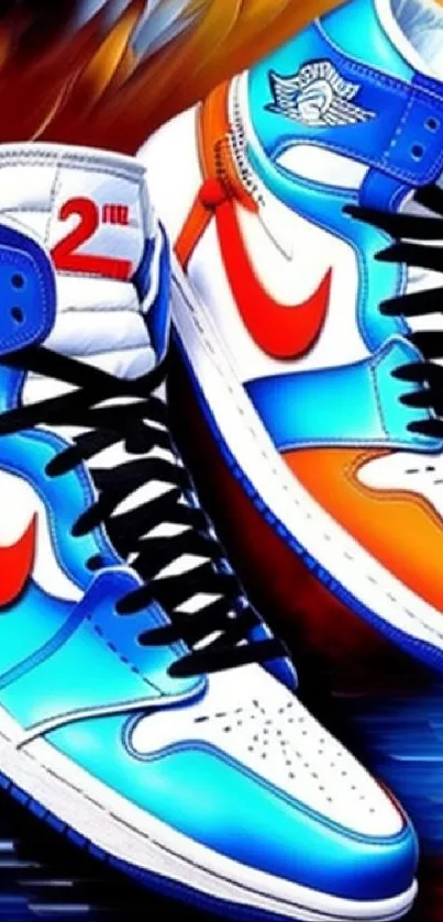 Colorful sneaker-themed mobile wallpaper featuring dynamic blues and oranges.