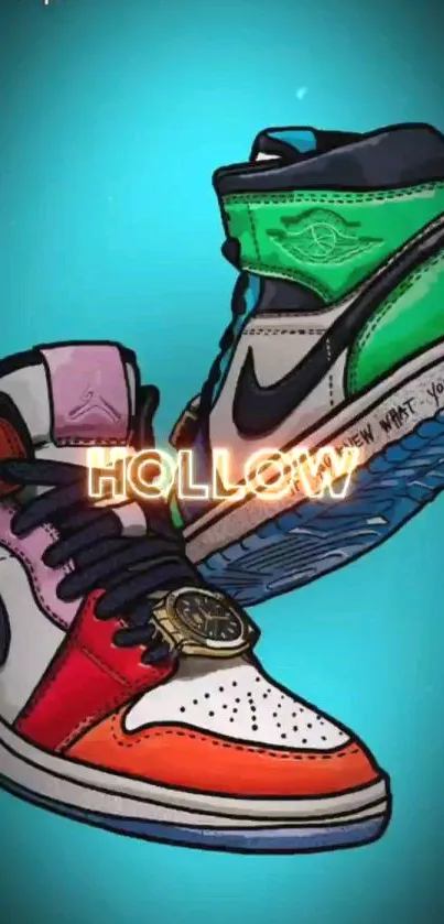 Colorful sneakers with neon 'Hollow' sign wallpaper.