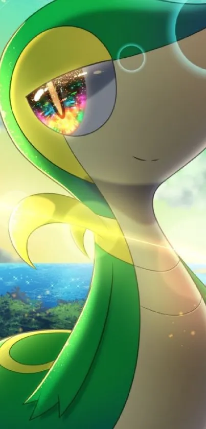 Vibrant Snivy anime wallpaper with colorful eye and lush scenery.