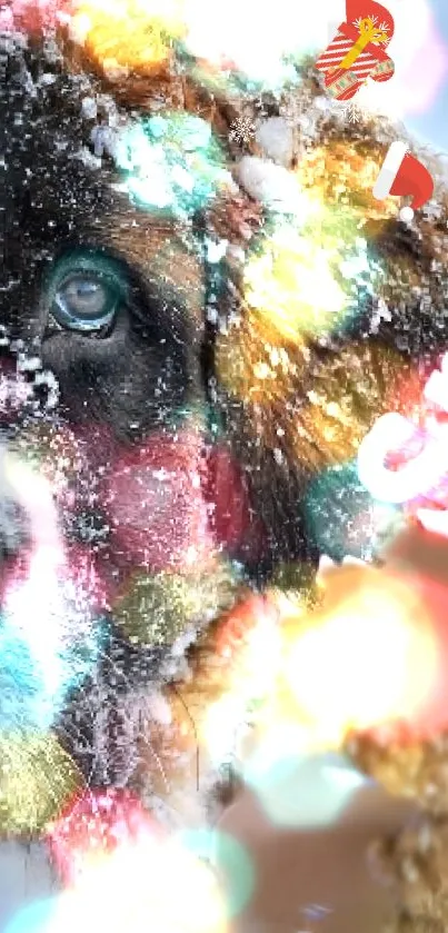 Colorful snowy dog with multicolored light effects.