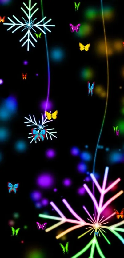 Vibrant neon snowflakes on a black background, creating a festive mobile wallpaper.