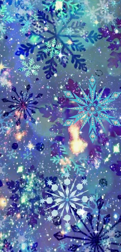 Colorful snowflake pattern with vibrant blue tones on mobile wallpaper.