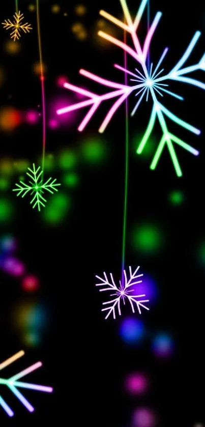 Colorful neon snowflake wallpaper design.