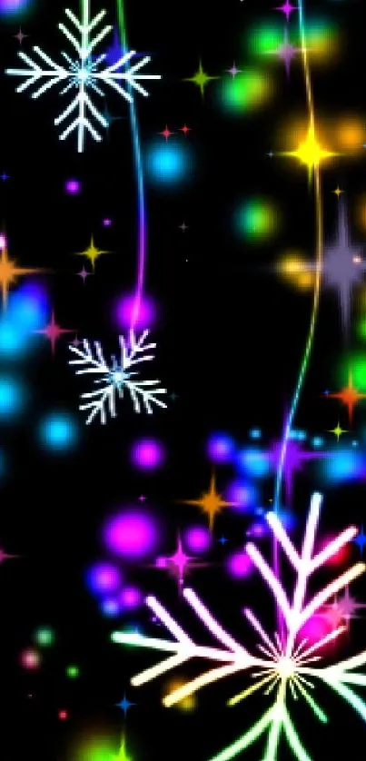 Colorful neon snowflakes on a black background, perfect for mobile wallpaper.