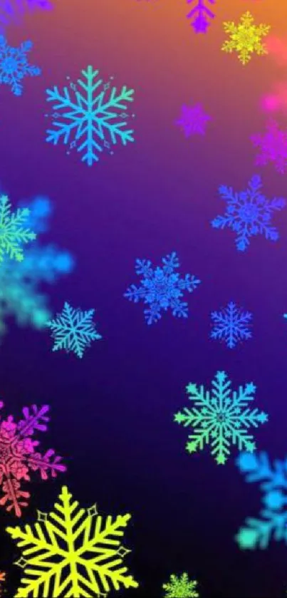 Colorful snowflakes on gradient background.