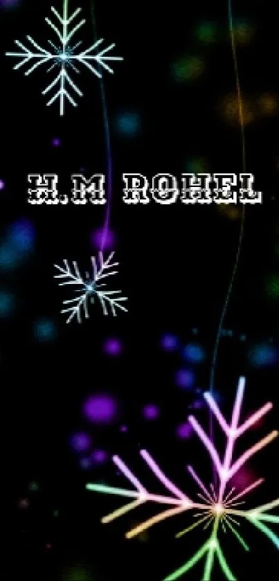 Colorful snowflakes on a dark background with H.M Rohel text.