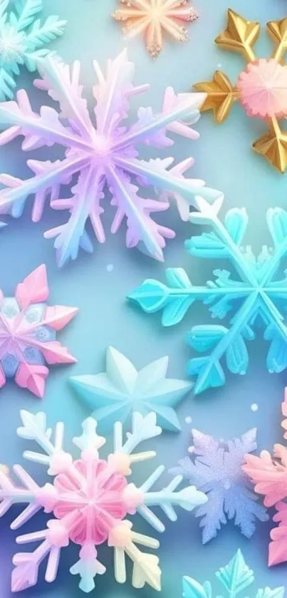 Mobile wallpaper with vibrant pastel snowflakes on a light blue background.