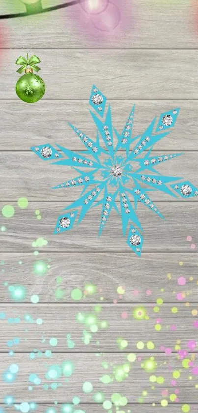 Colorful festive wallpaper with snowflake design on wood background.