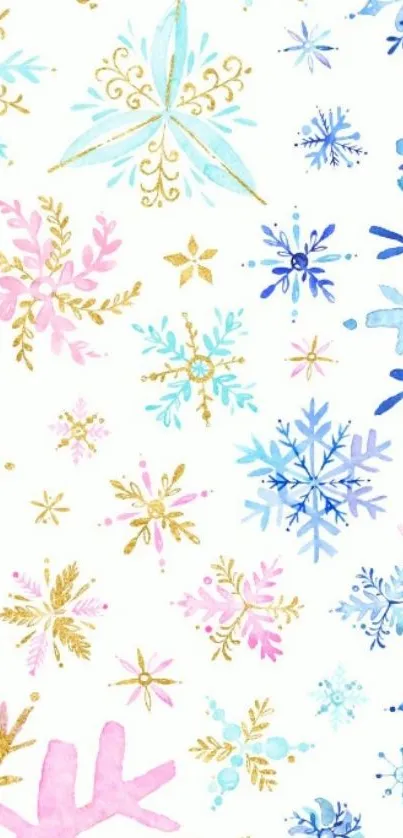 Watercolor snowflakes in blue, pink, and gold on white background wallpaper.